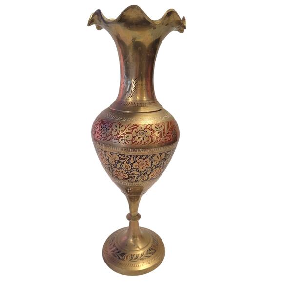 Unbranded Other - Vintage Brass Vase Handmade Etched Solid Floral Design Color Engraved Decor 12"